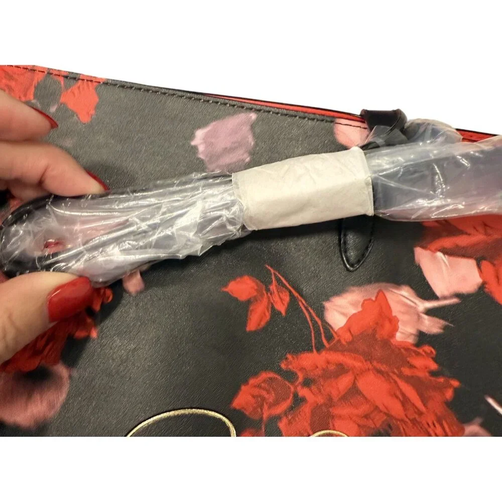 Victorias Secret Black Red Floral Open Tote Bag With Gold Logo Weekender